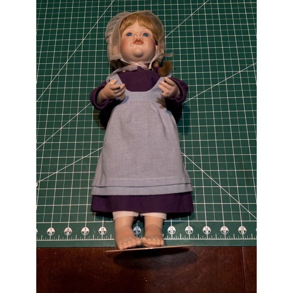 Porcelain Doll With Purple Dress  Apron Blonde Braids 1992 16" Tall MBI Collecti